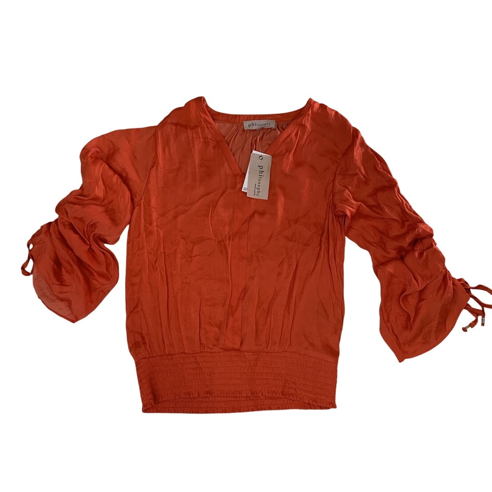 Philosophy Blouse Womens XS Orange NEW Smocked Waist Balloon Sleeve V-Neck Top